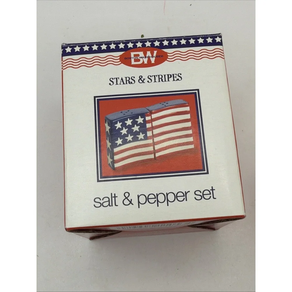 Boston Warehouse Salt Pepper Shakers Ceramic Americana USA Flag Patriotic NIB